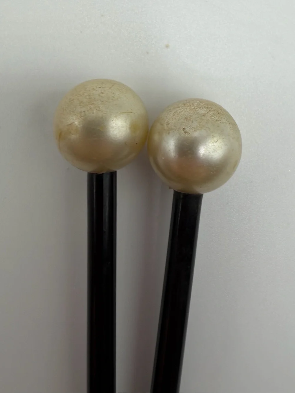 2 Vtg Art Deco Hair Stick French Black Celluloid Faux Pearl Round Top Bun Pin